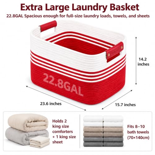 Image of 22.8GAL Extra Large Collapsible Laundry Basket for Dirty Clothes,Shoes, Sturdy Portable Aesthetic Boho Heavy Duty Wicker Hamper for Living Room Thow Pillows Blankets Storage Organizer,White Red
