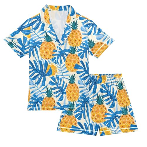 Summer Leaf with Pineapple Summer Satin Pajama Set, Cute Button-Down Sleepwear Pj Set for Sleep Wears