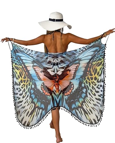 LIKPOJA Vestido de playa para mujer, vestido de verano para playa, tirantes ajustables, vestido envolvente, ropa de playa para mujer (mariposa I, M), Mariposa I, M