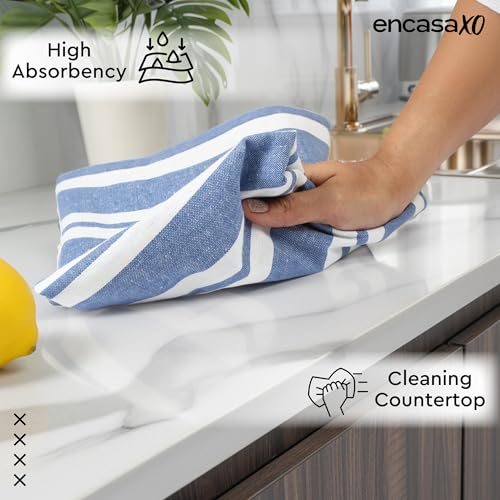 Image of Encasa XO Kitchen Towels Cotton Pack of 4 | 70x45 cm, Franca Blue Stripes - Dish Cloths | Highly Absorbent Cleaning & Wiping Cloths for Kitchen | Reusable Tea Towels