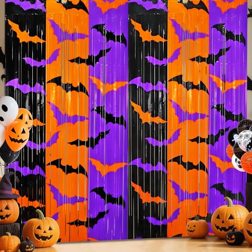 Halloween Party Decorations 2 Pack Halloween Foil Fringe Curtains 3.3 X 6.6 ft Orange Purple Black Bat Pattern Halloween Party Backdrop Photo Booth Props Streamers Halloween Birthday Party Supplies