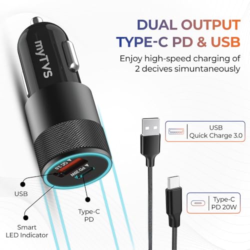 Image of myTVS 38W Fast Car Charger with Dual Output (Type C PD 20W & USB Qualcomm 3.0) with 3-in-1 Charging Cable, Quick Charge, Short-Circuit Protection, LED, Compatible with iPhone, Android, Tablet