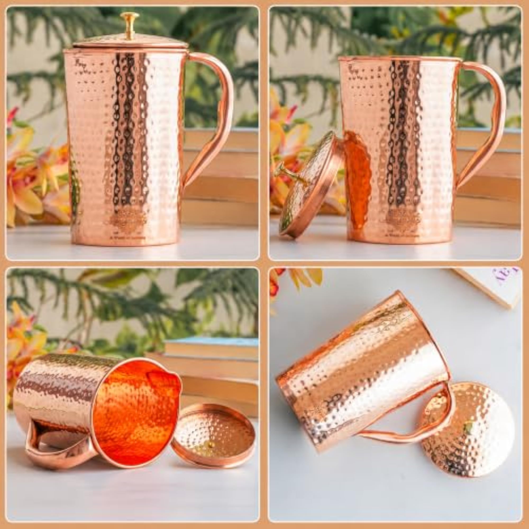 IndianArtVilla Pure Copper Jug Pitcher, Hammered Design, 1 LTR