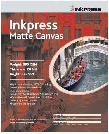 Inkpress Matte Canvas, Waterproof, Stretchable, Bright White Matte Inkjet Cloth, 20 mil, 350 GSM, 13x19", 10 Sheets
