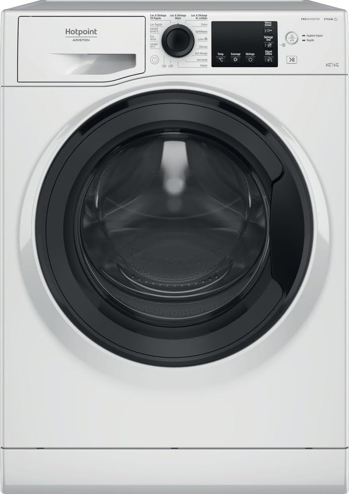 Hotpoint - NDB8635KFR Lave-linge Séchant Posable - Capacité 8 kg - Chargement Frontal, 1351 tr/min, Moteur Inverter, Vapeur Anti-odeur - H 85 x L 59.5 x P 54 cm - Classe Énergétique D - Blanc