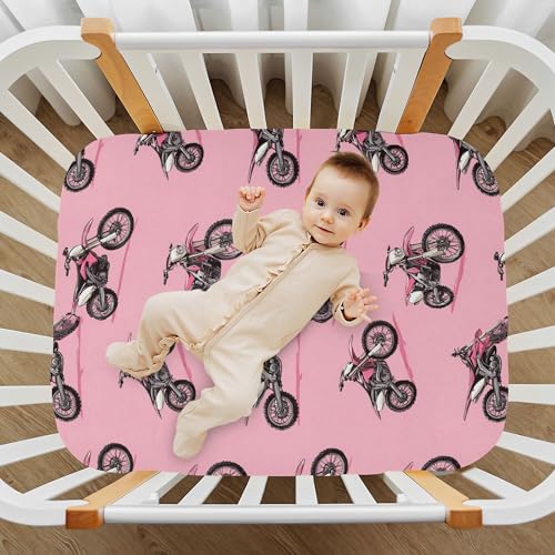 Image of Dirt Bike Motocycles Crib Sheets Soft Breathable Fitted Baby Crib Sheets Mattress Cover for Girls Boys, 52 inch x 28 inch x 9 inch
