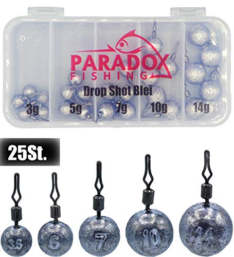 Paradox Fishing Drop Shot Blei Set I 25 Bleie (3,5g/5g/7g/10g/14g) je 5 Stück mit Box I Dropshot Blei Drop Shot Blei Jigköpfe Cheburashka Blei - Drop Shot Bleie