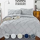 Tyfitb Pinch Pleat Duvet Cover King Size Light Grey Oversized Duvet Cover Set 3 Piece Floral Pintuck Bedding Set with Zipper Closure
