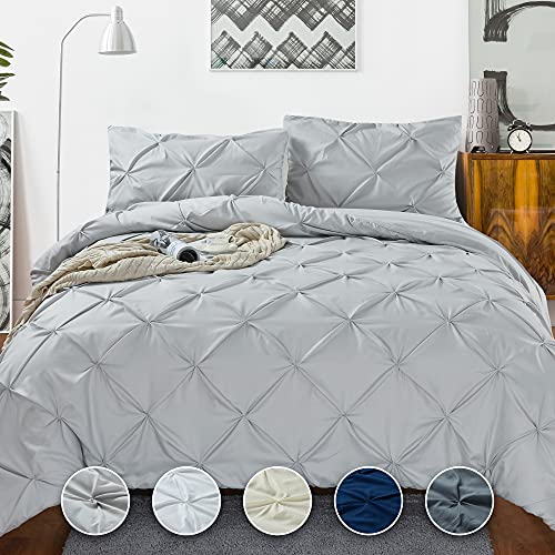 Tyfitb Pinch Pleat Duvet Cover King Size Light Grey Oversized Duvet Cover Set 3 Piece Floral Pintuck Bedding Set with Zipper Closure