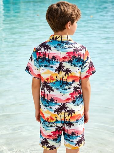 Image of UNICOMIDEA Boys Hawaiian Outfits Tropical Print Button Down Shirt + Swim Trunks 2 Piece Sets for 5-12T Kids