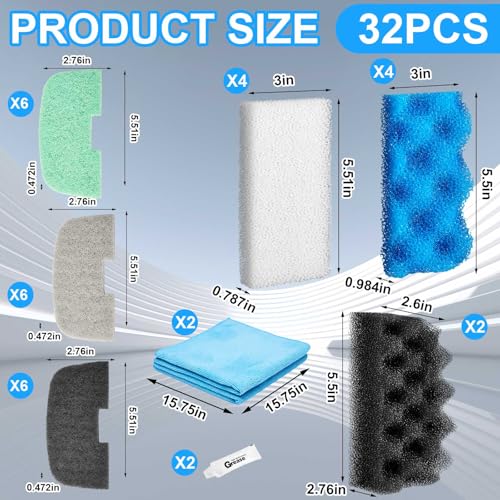 Image of Threlaco 32 Pcs Filter Media Compatible with Fluval 106 /107, Aquarium Replacement Maintenance Kit, Including Biological Sponge, Ammonia /Phosphate /Nitrite Remover Pad, Aquarium Towel, Grease