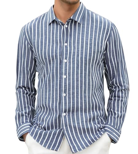 Damipow Mens Linen Cotton Striped Long Sleeve Dress Shirt Casual Button Down Shirt
