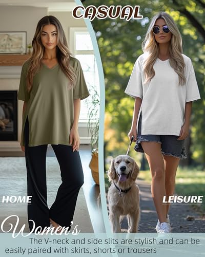 Huukeay 3 Pack Oversized Shirts for Women V Neck Workout T Shirt Casual Side Split Tee Short Sleeve Loose Tops Tunic Tops4