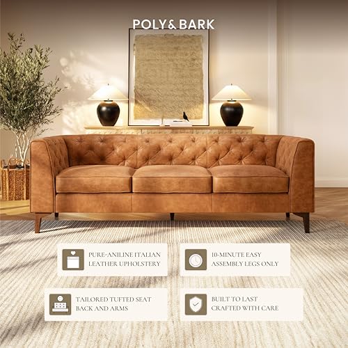 Image of POLY & BARK Essex 89 inch Full-Grain Italian Leather Sofa - Tufted Back, Feather-Down Comfort, Solid Wood Frame, Cognac Tan