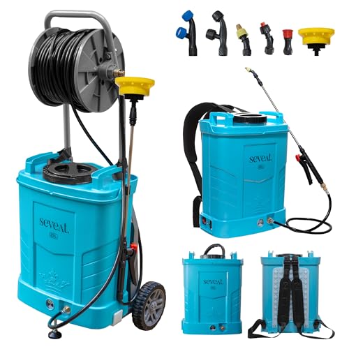 Seveat Battery Powered Backpack Sprayer with Cart & Hose Reel – 6.5 Gallon, 20–80 PSI Adjustable Pressure, 6 Swappable Nozzles, 4–6 Hour Runtime, Heavy-Duty Garden Sprayer (Blue)