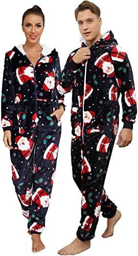 QIYUANT Kerst Pyjama Paar Bijpassende met Capuchon Onesie Warme Flanel Fleece Rits Herfst Winter Lente Volwassen Jumpsuit Nachtkleding met Zakken (Heren Blauw L