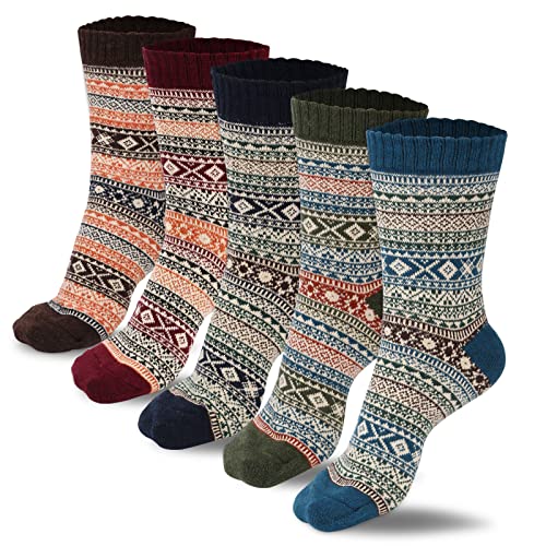 LHJJJL 5 Pairs of Women's Wool Socks, Warm Vintage Wool Socks, Thick Soft Knit Wool Socks, Winter Fashion Wool Socks for Everyone (5-9 Years Old)