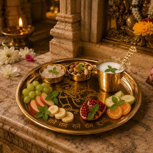 Image of Traditional Brass Puja Thali Set for Mandir & Festivals | Brass Aarti Thali Plate for Bhog, Diya & Pooja Rituals | Ideal for Diwali Navratri Karwa Chauth Home Temple Decor (Set of 5)