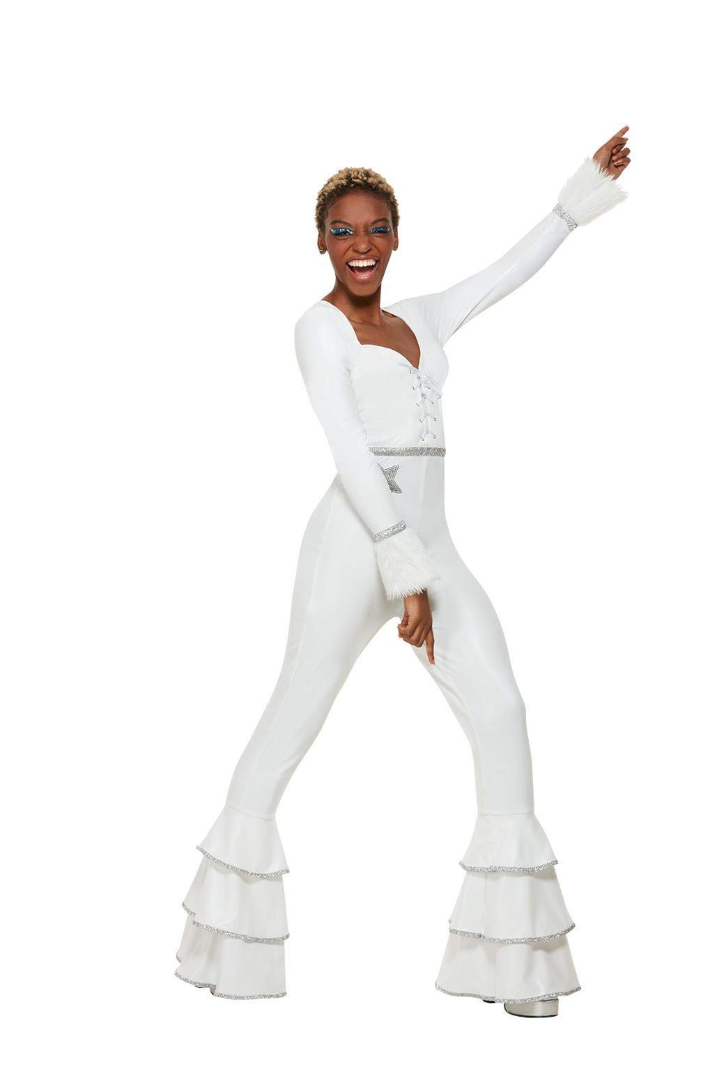 Smiffys Disfraz de lujo glam de los 70, Blanco, Mono con volantes Halloween, Carnaval