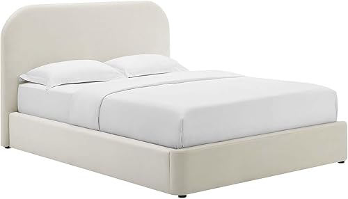 Miniatura 3 de Modway Keynote - Marco de cama moderno tamaño Queen con cabecera curva en forma de arco en Alabaster, tapizado en terciopelo de alto rendimiento,