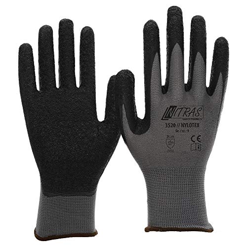 NITRAS Nylotex 3520 Nylon-Latexhandschuhe Arbeitshandschuhe 12 PAAR Größe 10 (XL), Grau/Schwarz