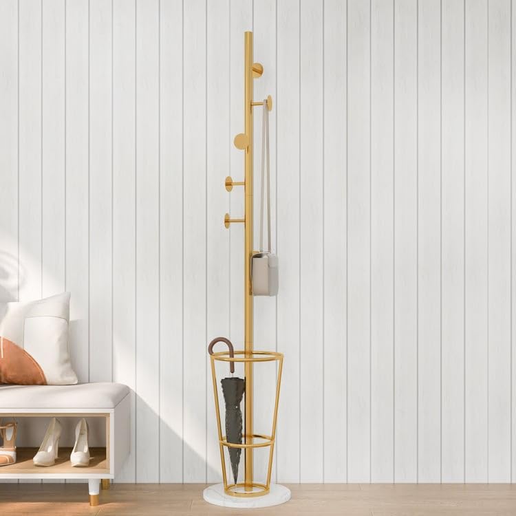 New Mark Impex Gold Metal Coat Rack with Umbrella Stand, Marble Base, 8 Hooks, 170cm Tall, Freestanding Entryway Hall Tree 2