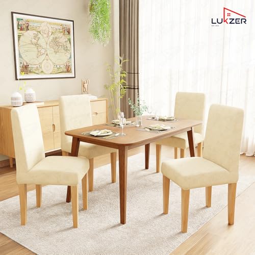 Image of Lukzer Elastic Dining Chair Cover - 1PC Pastel Yellow Starlight | Textured High Stretch Jacquard Seat Cover | Removable Washable Short Dining Chair Cover Protector Seat Slipcover | (CC-141-01)