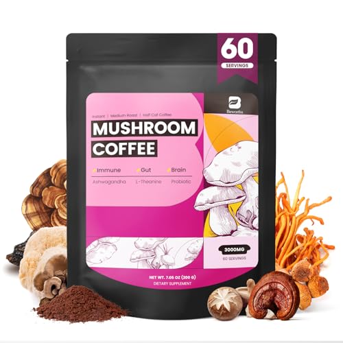 B BEWORTHS Mushrooms Coffee |10 Mushroom with Ashwagandha, Prebiotics, L-theanine, Lion's Mane, Reishi, Chaga, Turkey Tail, Arabica Instant Coffee Support Immune, Brain Focus, Gut Health | 60 Servings