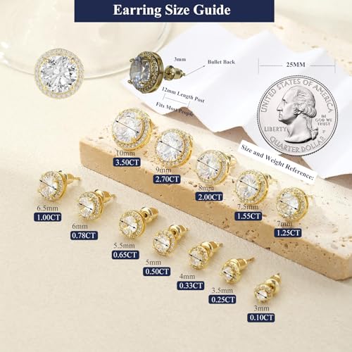 Gold Stud Earrings for Men Women 14k Gold Silver Plated Moissanite Studs Earring 3MM-10MM Round CZ Diamond Stud Earrings Halo Cartilage Earring Jewelry Gifts for Women3