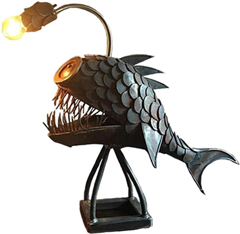Modern Industrial USB Angler Fish Table Lamp - Vintage Minimalist Designer Cage Desk Light - Movie Rustic Standing Lighting Decoration for Living Room Bedroom