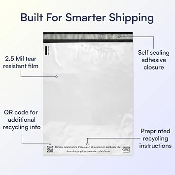 SMART 7.5x10.5 Recycled Poly Mailers - 200 Pack of White Eco-Friendly Packaging Mailing Bags | Recyclable & Sustainable, Cute & Stylish Small Business Supplies | 2.5 Mil Thick - 200 Pack