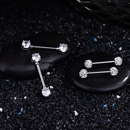 Jstyle 2 Pairs 316L Stainless Steel Nipple Rings Barbell Crystal Ball Piercing Nipple Cz Tongue Rings 14G S #TOP4