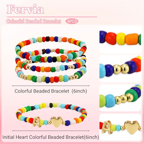 Image of 4PCS Initial Colorful Beaded Bracelets Initial Bracelets for Teen Girls Initial Colorful Beaded Bracelets Set Summer Boho Y2K Bohemian Stackable Letter A-Z Stretch Bracelets Birthday Jewelry Gifts(R)