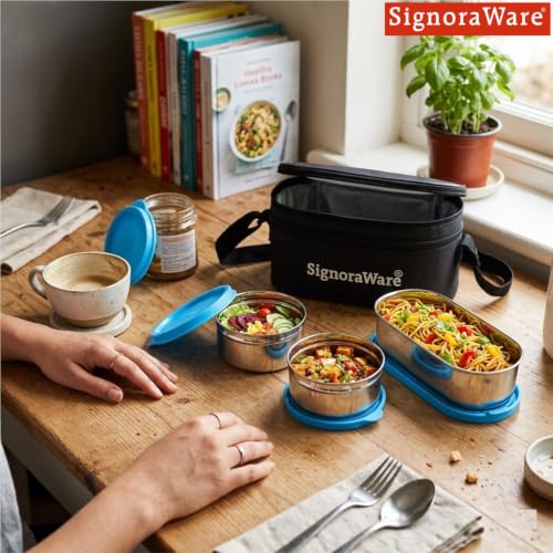 Image of SignoraWare Mini Double Decker Stainless Steel Lunch Box,(225ml+225ml+450ml, Blue), Dishwasher Safe, Retains Freshness & Quality, Best for Office Executives & Students, Picnics and Outings