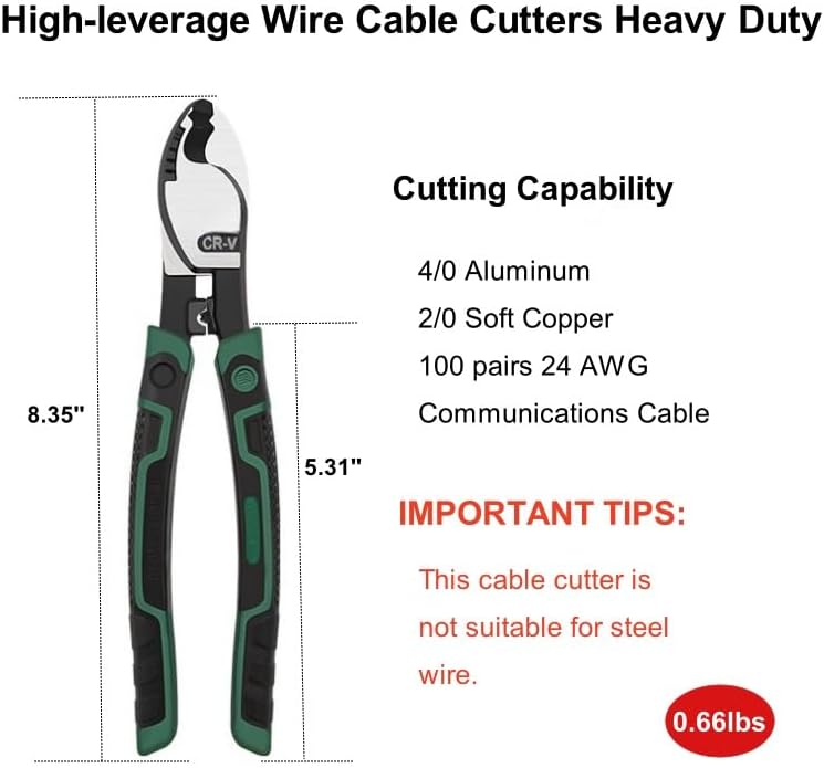 Wire Cutter Heavy Duty 8 Inch High Leverage Wire Cable Cutter Pliers Tool for Aluminum, Copper, Wire, Communications Cable