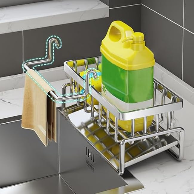 Sponge Holder for Kitchen Sink Caddy: Rustproof Stainless Steel Kitchen Sink Organizer for Sponges Brushes Dish Cloths Scrubbers, Durable Large Storage Draining Rack for Bathroom Counter