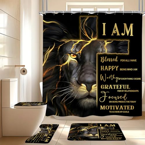 4 Pcs Gold Cross and Lion Shower Curtain Set with Rugs and Toilet Lid Cover Black Gold Lion Shower Curtain Waterproof Bathroom Set Inspirational Quotes Shower Curtain Bathroom Decor Set Accessories
