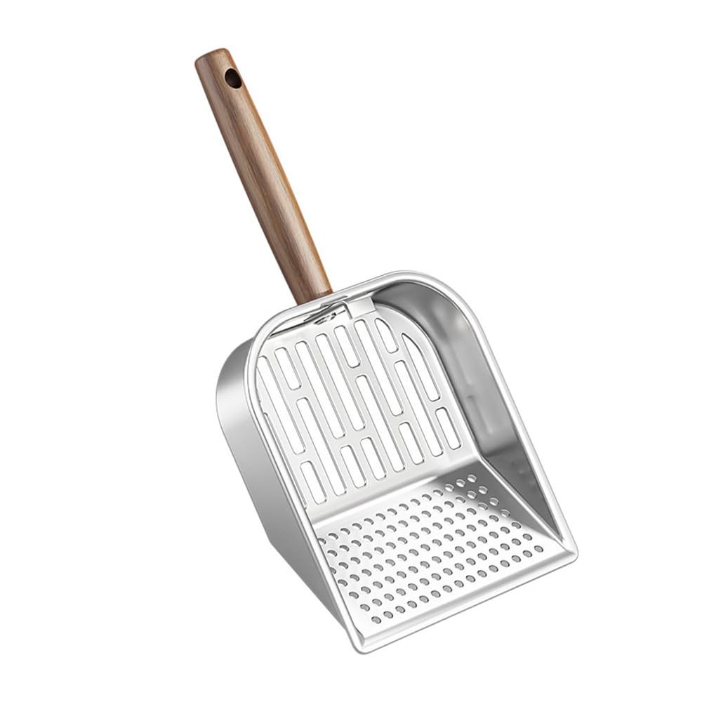 Yfdcmb Premium Stainless Steel Cat Litter Scoop, Heavy Duty Metal Litter Sifter Scooper with Ergonomic Wooden Handle, Deep Shovel & Dual Sifting Holes for Quick Cleaning of Cat Litter Trays
