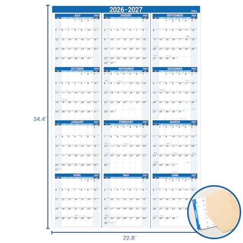 Image of 2026-2027 Yearly Wall Calendar - Jul 2026 - Jun 2027, 22.8 inch x 34.4 inch (Open), 2026-2027 Wall Calendar, Premium Paper, Double-Sided Small Round Sticks, Blue
