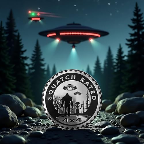 Image of Squatch Aliens Badge Rated Cars Emblem, 4 x 4 Metal Automotive Bigfoot Badge 3D Metal Car Badges Emblems Round Emblem Decals Car Badge Decals Stickers for Jeep Wrangler Vehicles SUV Trucks