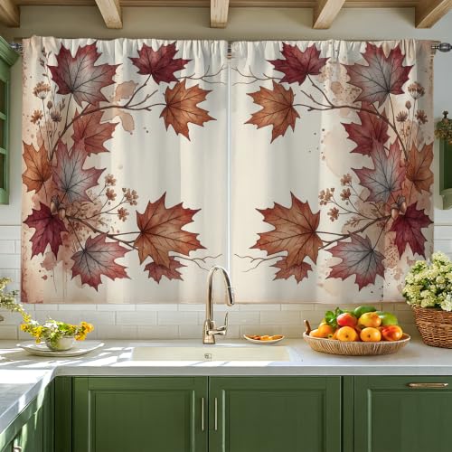 Rideaux de cuisine rustiques à motif branches d'automne rouges et feuilles d'érable - 2