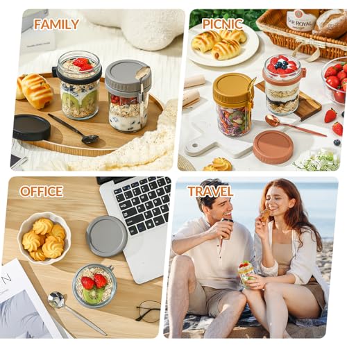 Image of 16 Oz Glass Overnight Oats Containers with Lids and Spoon Chia Pudding Jars | 4 Pack Mason Jars, Leak-proof and Portable, Wide-mouth Design for Storage & Meal Prep Yogurt, Cereals, Fruit, Snack, Sugar