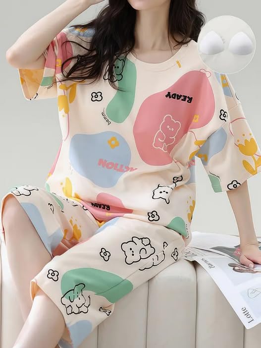 Image of Lunza Women's Cotton Pajama Set with Top & Pants|| Korean Night Suit|| Lightweight Printed Set || Soft & Comfy Sleepwear for Girls & Women