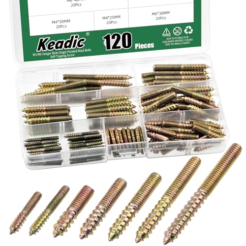 Keadic 120Pcs Hanger Bolts, Colored Hanger Bolts, Zinc Plated Hanger Bolts, M4 M6 Single Headed Bolts Self-Tapping Screw Hanger Bolts Wood Dowel Screw for Furniture