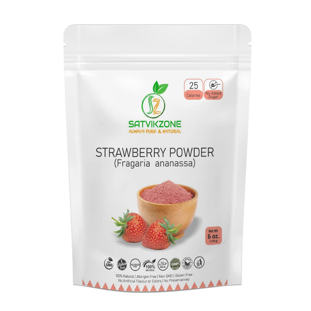 Strawberry Fruit Powder, 100% Natural, 6 oz, Vegan Friendly, No Added Sugar, No Artificial Flavors/Colors/Preservatives, NON-GMO, Eco-friendly Standup Resealable Pouch