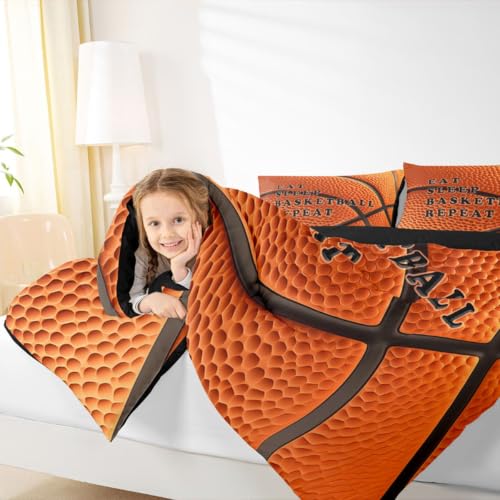 Image of Feelyou Basketball Comforter Set King Size Ball Pattern Bedding Set for Kids Boys Girls Eat Sleep Sports Theme Duvet Quilt Bedroom Decor Microfiber 3 Pcs with 2 Pillow Cases