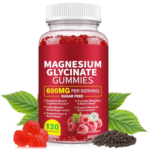 Magnesiumglycinat-Gummibärchen 600 mg für Schlaf Muskelentspannung und Konzentration | Zuckerfrei Himbeergeschmack | 120 Kaubonbons für Erwachsene und Kinder