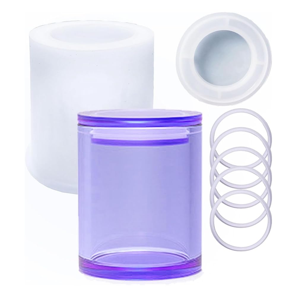 Vjsujehgy Silicone Resin Mold for Cylinder Storage Box with Lid and 5 Rings, Ideal for Epoxy Casting and DIY Crafts