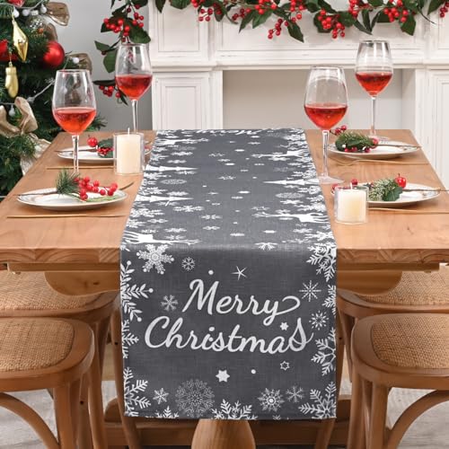 Yugarlibi Frohe Weihnachten Tischläufer Grau, Schneeflocke...