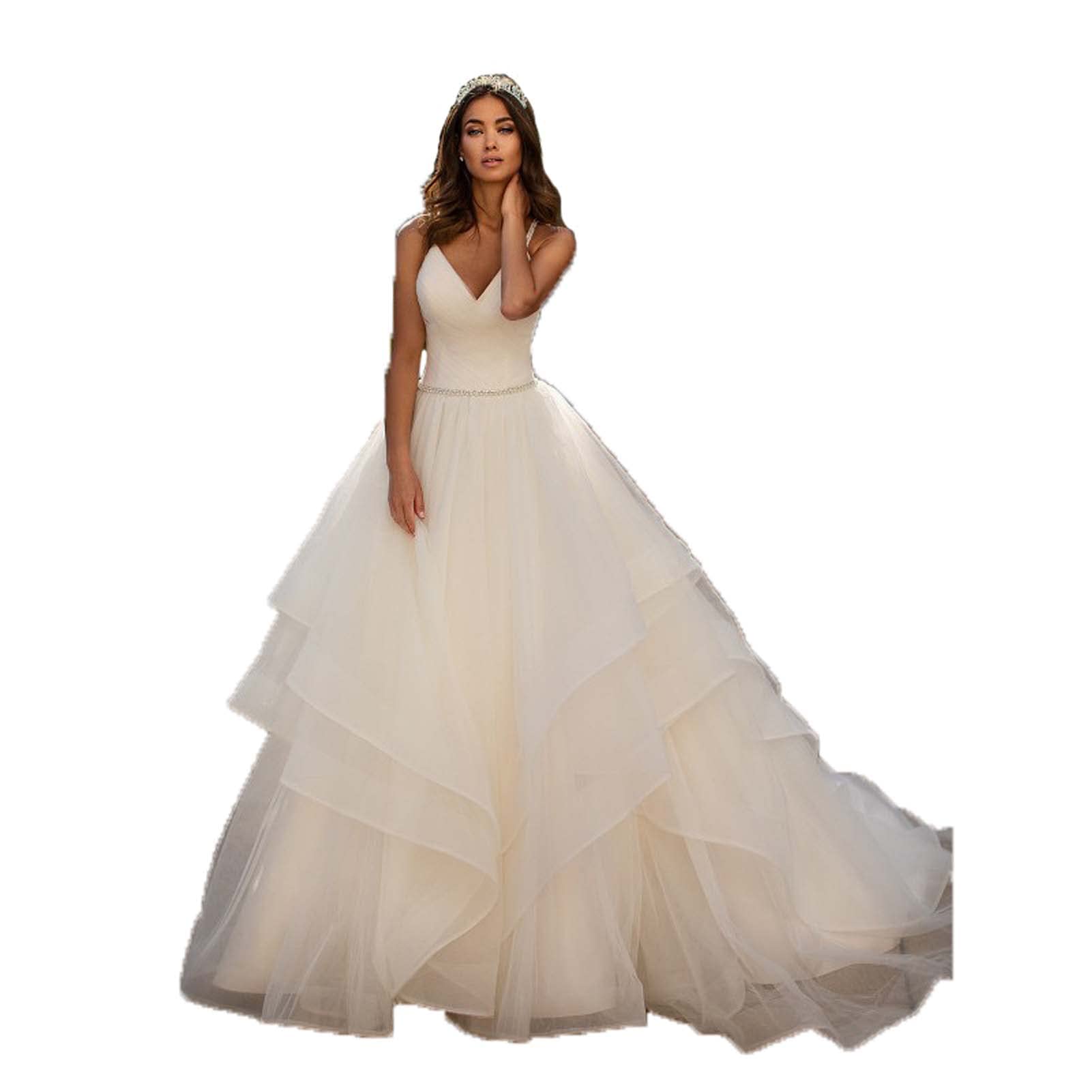 Brautkleid aus Spitze mit V-Ausschnitt, diagonalem Rückenausschnitt, ärmellos, mit Perlen besetzt, Weiß-2, Weiß-2,White-2
